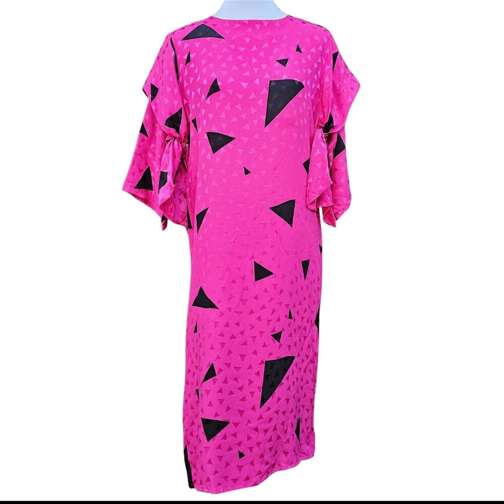 Flora Kung Bright Pink Silk Dress Black Triangles Flutter Sleeve Vintage Size 4